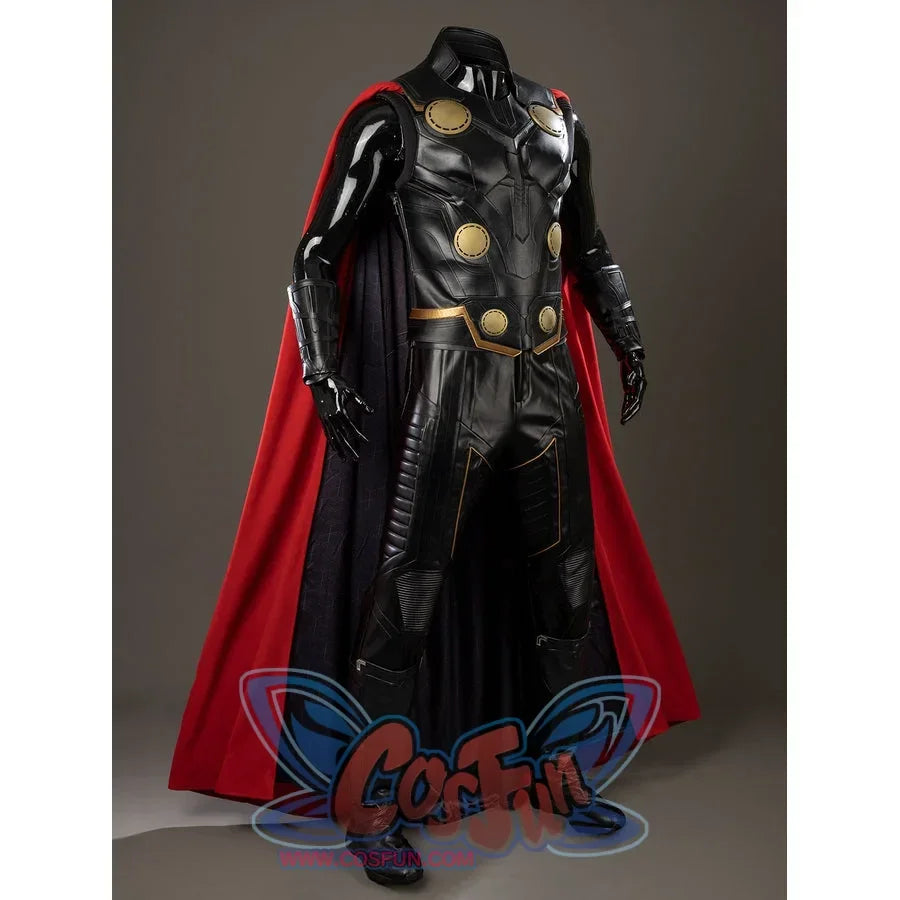 Thor Odinson cosplay costume three-quarter view with a black vest beneath a red cape and matching wrist guards.