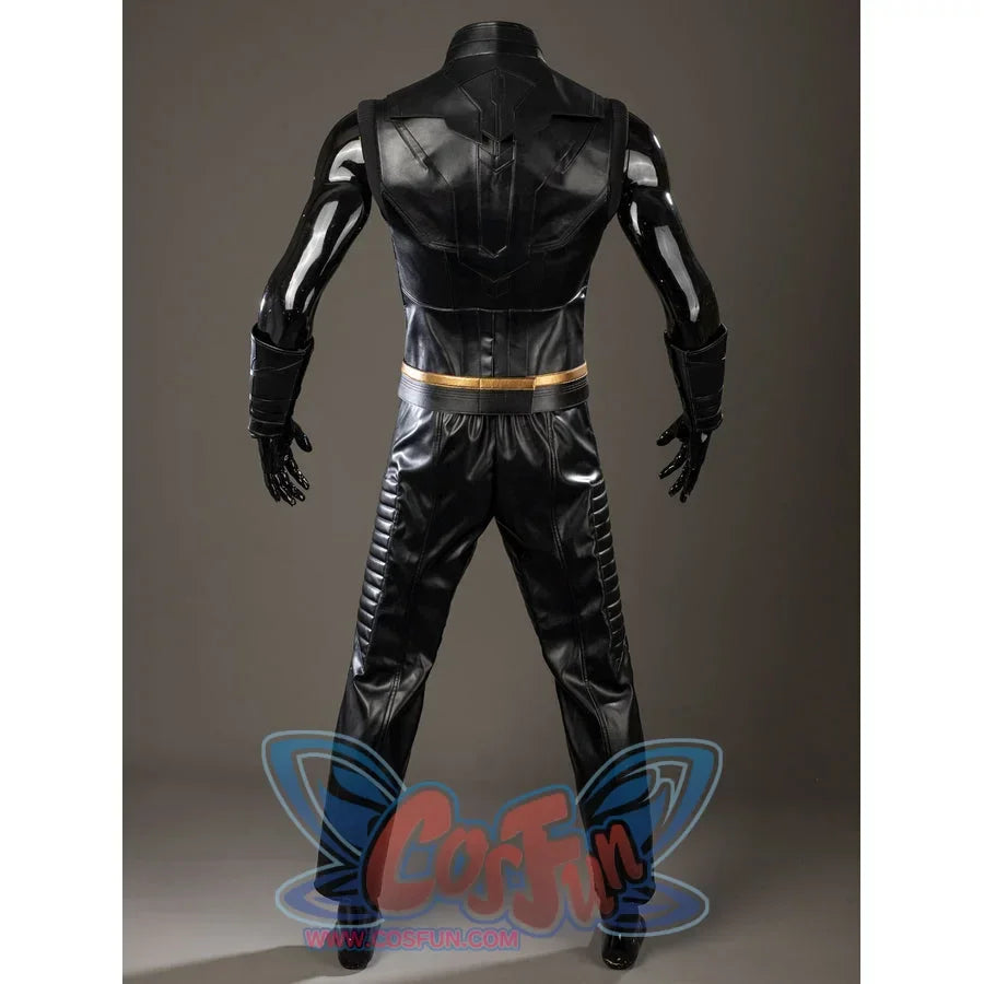 Thor Odinson cosplay outfit back view with a fitted black vest and matching pants.