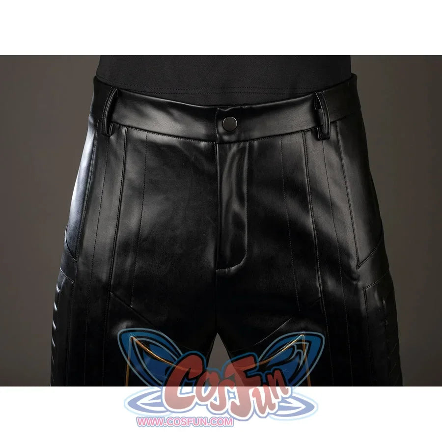 Thor Odinson cosplay pants front detail with a smooth black waistband and paneled legs.