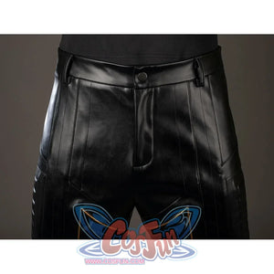 Thor Odinson cosplay pants front detail with a smooth black waistband and paneled legs.