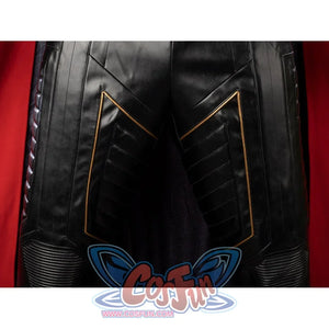Thor Odinson cosplay pants detail with angular black thigh panels outlined in gold-tone trim.