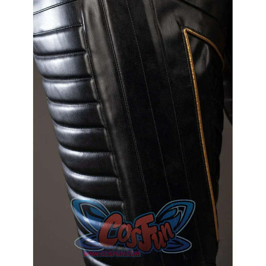Thor Odinson cosplay pants thigh detail with padded black bands and gold-tone piping.
