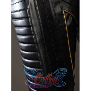 Thor Odinson cosplay pants thigh detail with padded black bands and gold-tone piping.