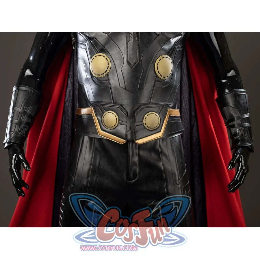 Thor Odinson cosplay vest detail with four gold-tone circular accents across paneled black sections.