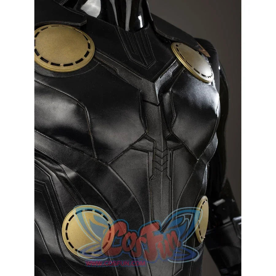 Thor Odinson cosplay vest angled detail with raised black panels and gold-tone chest discs.