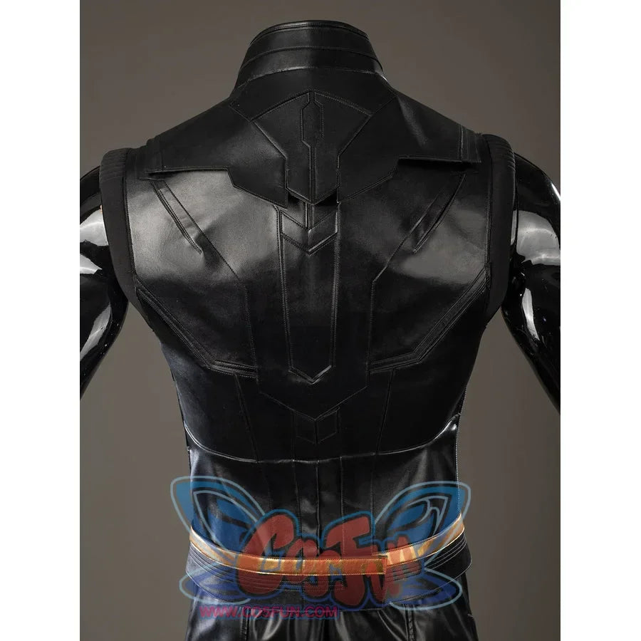 Thor Odinson cosplay vest back view with angular layered black panels and a fitted waist.