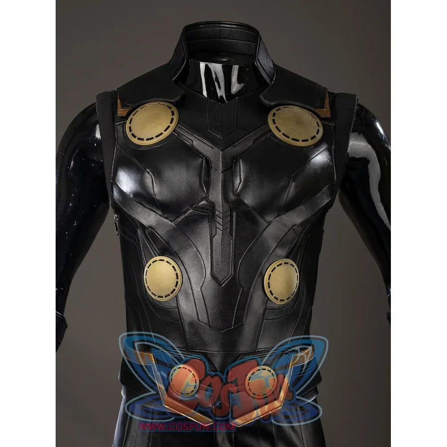 Thor Odinson cosplay vest front view with gold-tone discs and layered black panels.