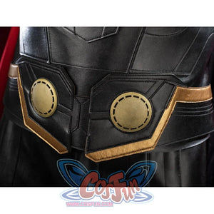 Thor Odinson cosplay waist close-up with gold-tone circular accents and angular black paneling.