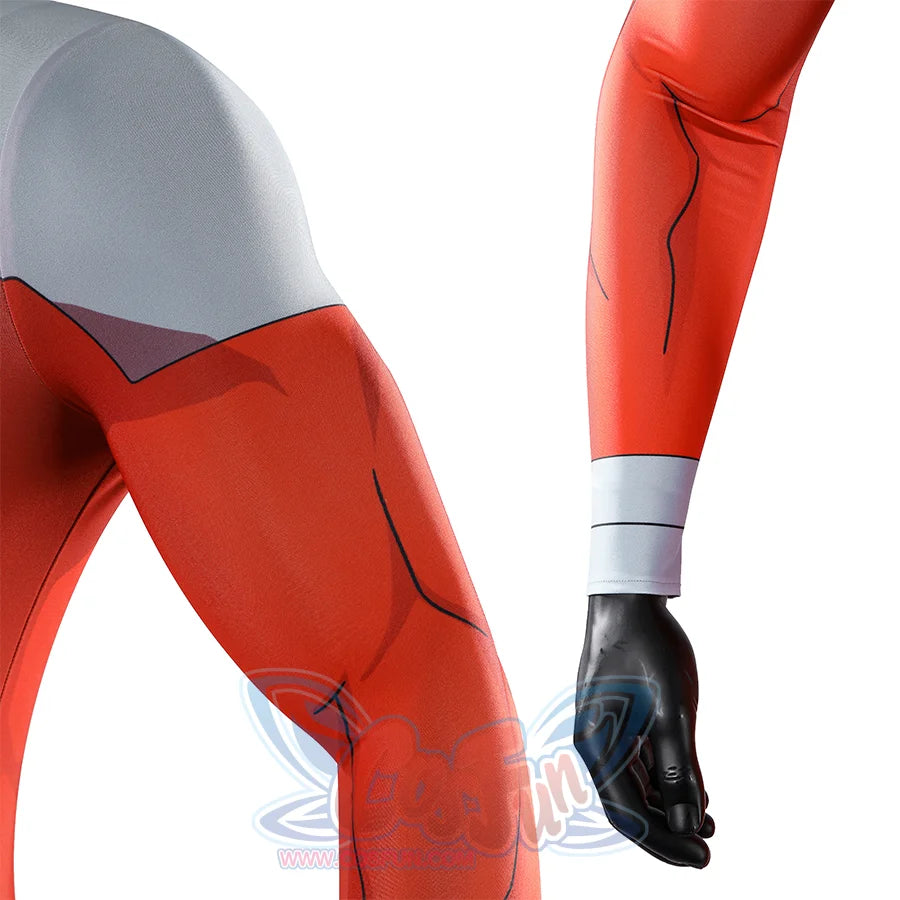 Side arm detail of Thragg cosplay costume from Invincible with gray shoulder panel, wrist cuff, and black glove