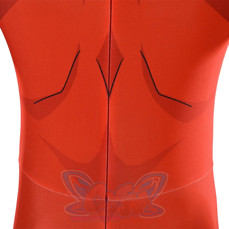 Back lower detail of Thragg cosplay costume from Invincible red jumpsuit with center seam and printed lines