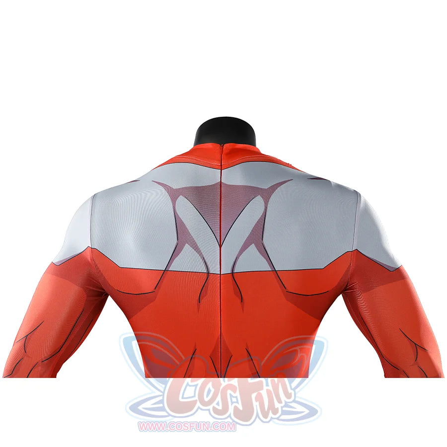 Back upper detail of Thragg cosplay costume from Invincible red jumpsuit with gray shoulder panels and line details