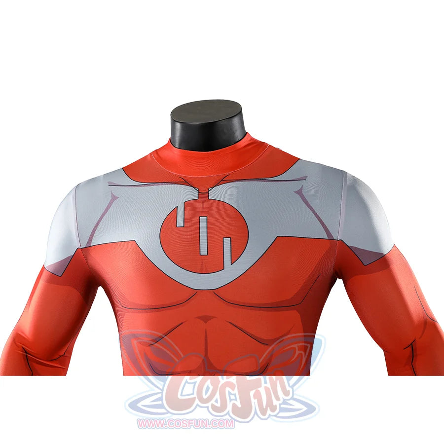 Close-up of Thragg cosplay costume from Invincible chest with gray shoulder panels and circular emblem