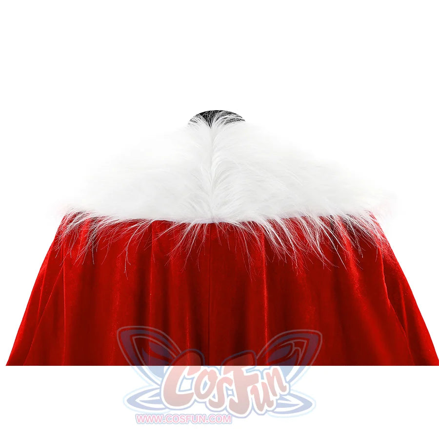 Back detail of Thragg cosplay costume from Invincible showing red cloak top and white fur-like shawl