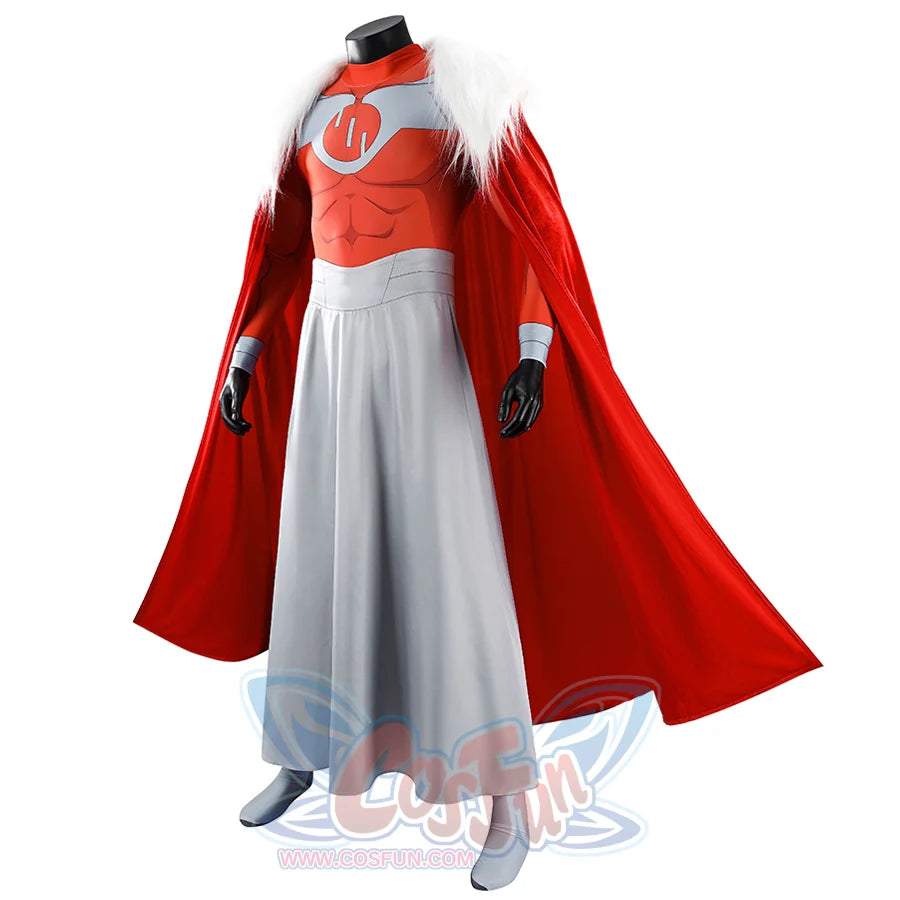 Angled view of Thragg cosplay costume from Invincible with red suit, white shawl, gray waist piece, and cloak