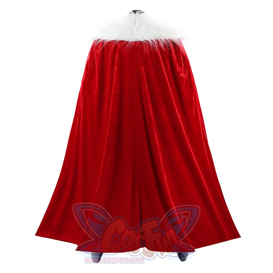 Back view of Thragg cosplay costume from Invincible with long red cloak, white shawl, and gray foot covers