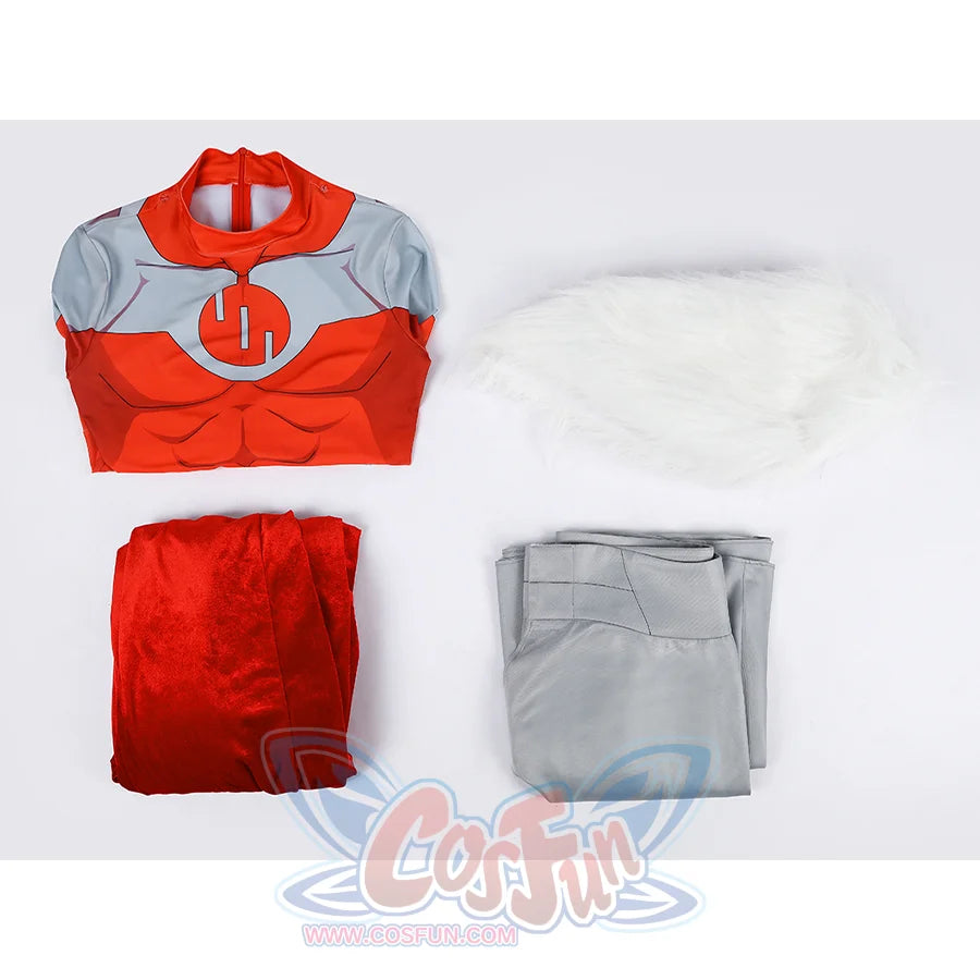 Flat lay of Thragg cosplay costume from Invincible with red jumpsuit, white shawl, cloak, and gray waist piece