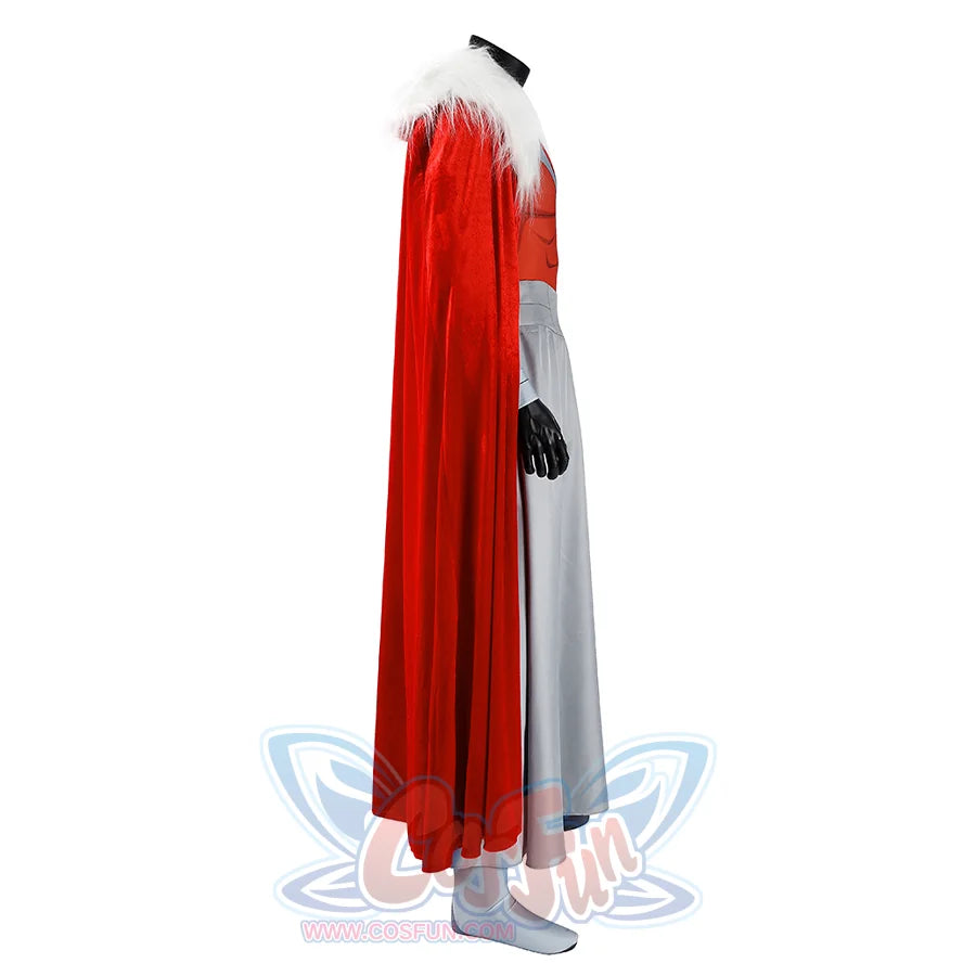 Side view of Thragg cosplay costume from Invincible showing red cloak, white shawl, gray waist piece, and glove