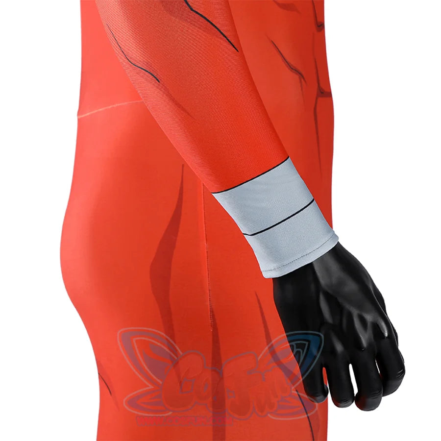 Hand detail of Thragg cosplay costume from Invincible with red sleeve, gray wrist cuff, and black glove