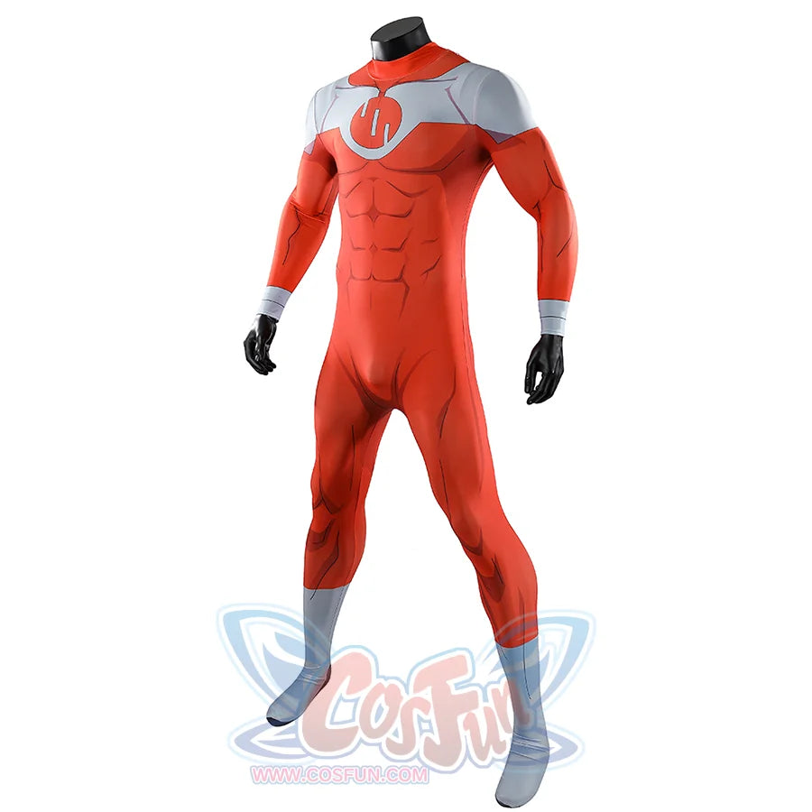 Angled view of Thragg cosplay costume from Invincible red jumpsuit with gray panels, gloves, and foot covers