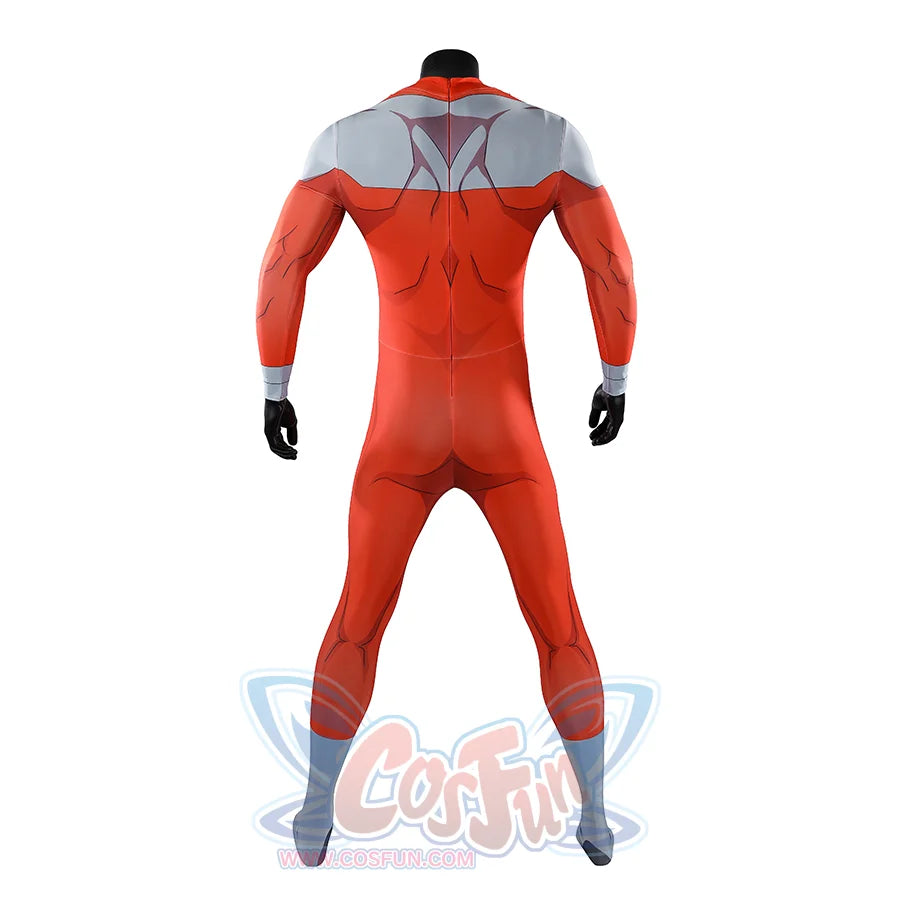 Back view of Thragg cosplay costume from Invincible red jumpsuit with gray shoulder panels and gloves