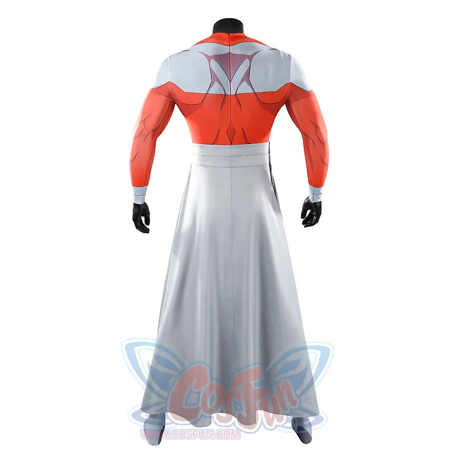 Back view of Thragg cosplay costume from Invincible without cloak, showing red jumpsuit and gray waist belt