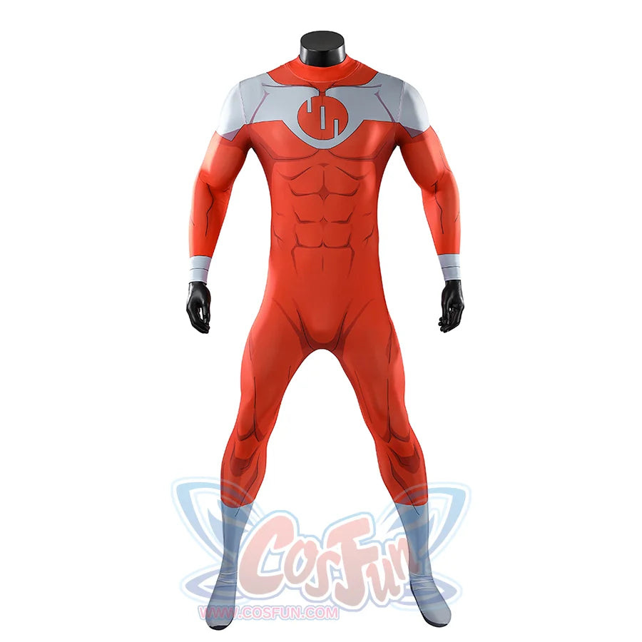 Front view of Thragg cosplay costume from Invincible red jumpsuit with gray shoulders, gloves, and foot covers