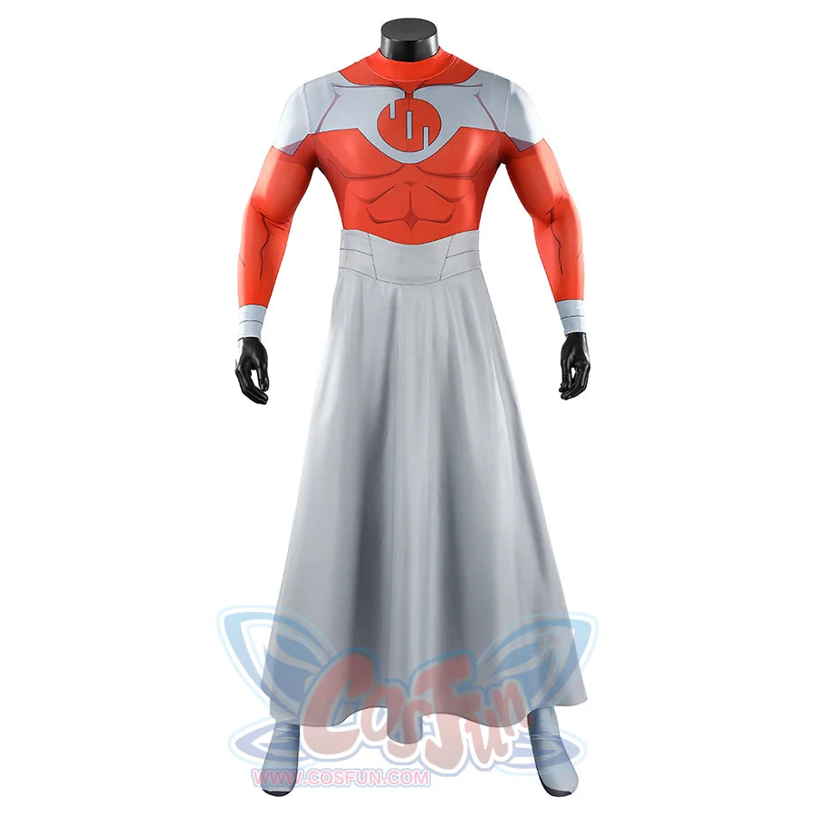 Front view of Thragg cosplay costume from Invincible without cloak, showing red jumpsuit and gray waist belt