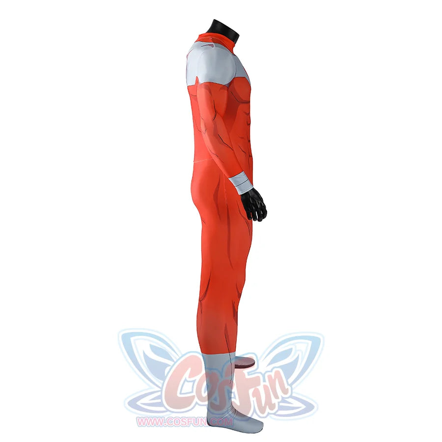 Side view of Thragg cosplay costume from Invincible red jumpsuit with gray shoulder, wrist cuff, and foot cover