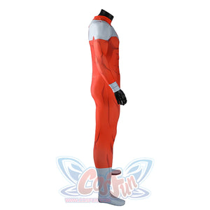 Side view of Thragg cosplay costume from Invincible red jumpsuit with gray shoulder, wrist cuff, and foot cover