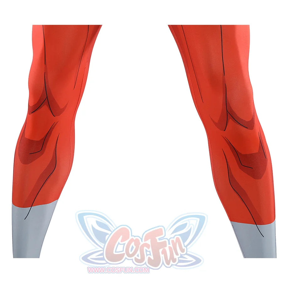 Leg detail of Thragg cosplay costume from Invincible red jumpsuit with gray ankle and foot cover sections