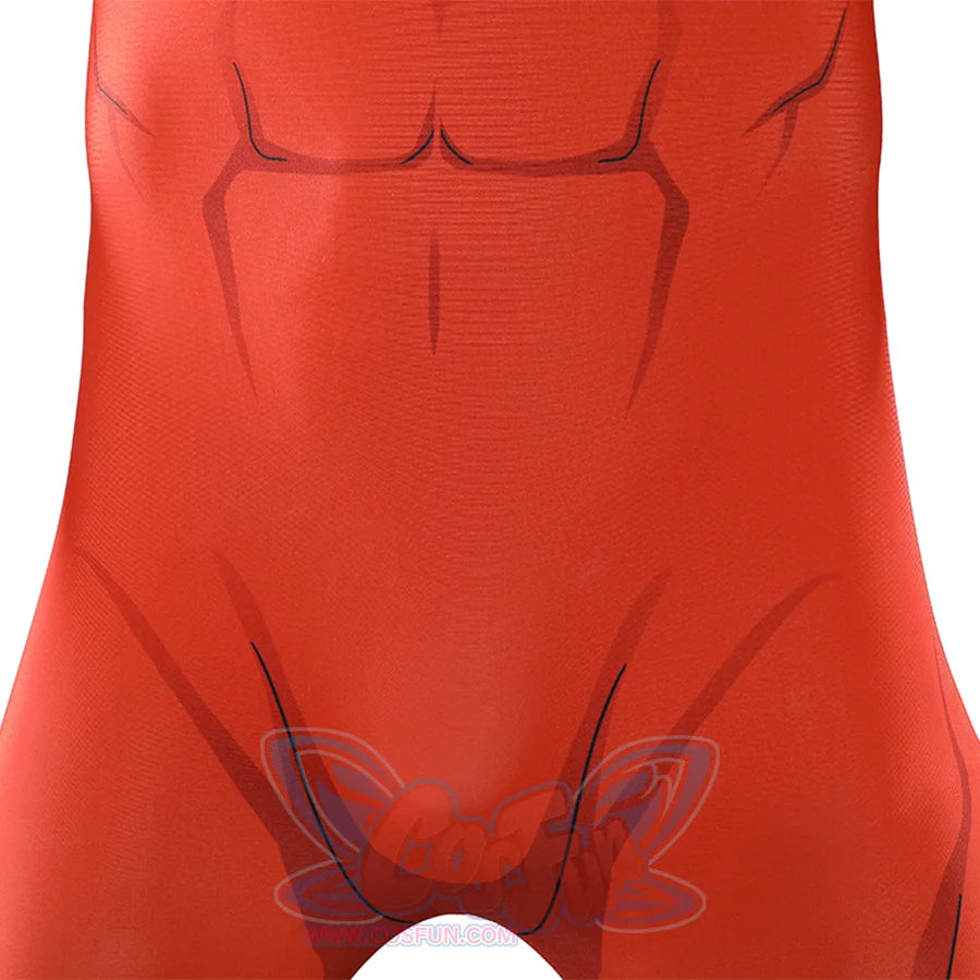 Lower torso detail of Thragg cosplay costume from Invincible red jumpsuit with printed seam lines