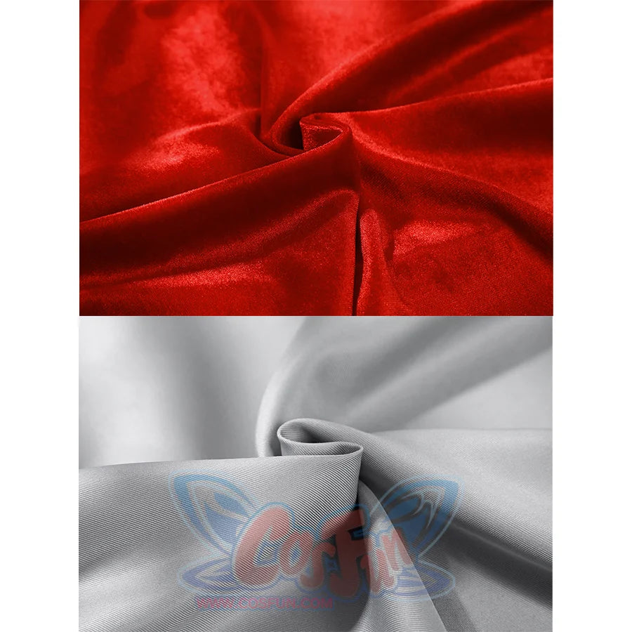 Fabric close-up of Thragg cosplay costume from Invincible showing shiny red fabric and gray fabric texture