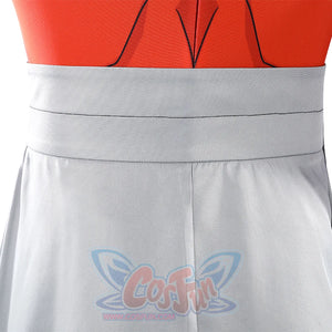Back waist detail of Thragg cosplay costume from Invincible with red suit and wide gray belt piece