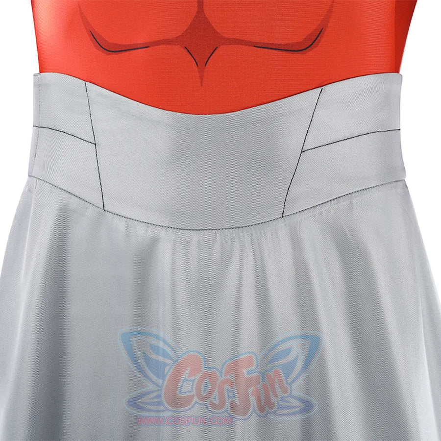 Close-up of Thragg cosplay costume from Invincible waist with red abdomen and wide gray belt piece
