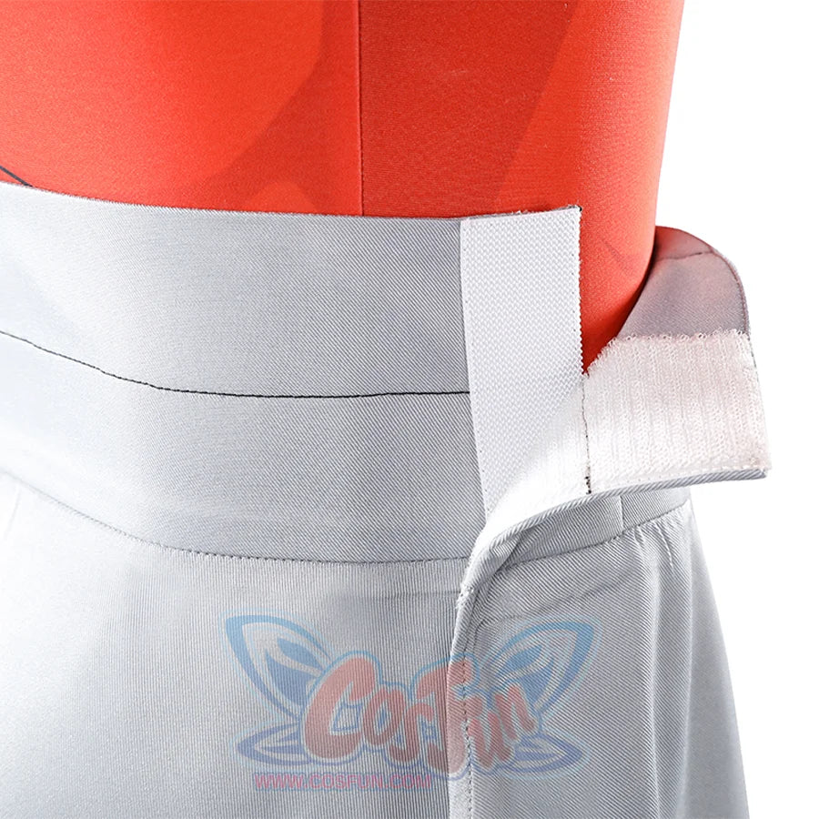 Side waist detail of Thragg cosplay costume from Invincible with gray belt piece over red jumpsuit