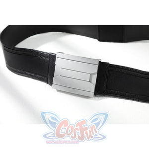 Thunderbolts John Walker cosplay costume belt detail anchors a black strap and silver buckle.