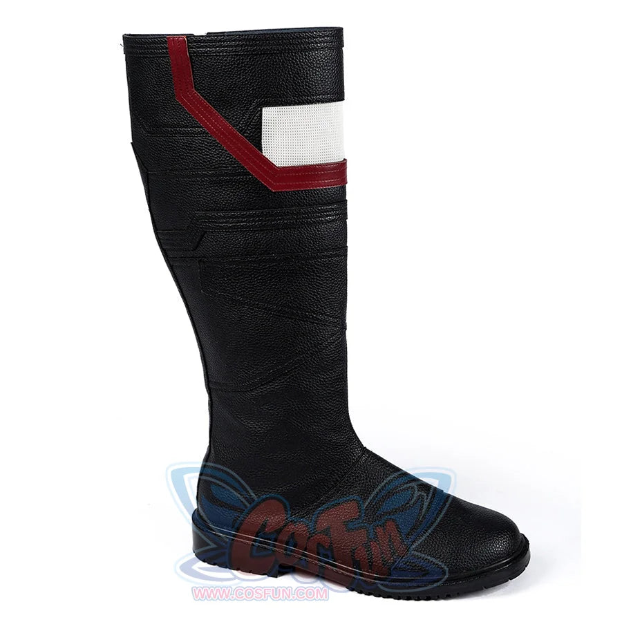 Thunderbolts John Walker cosplay boots in black leather with red stripes and a mesh panel.