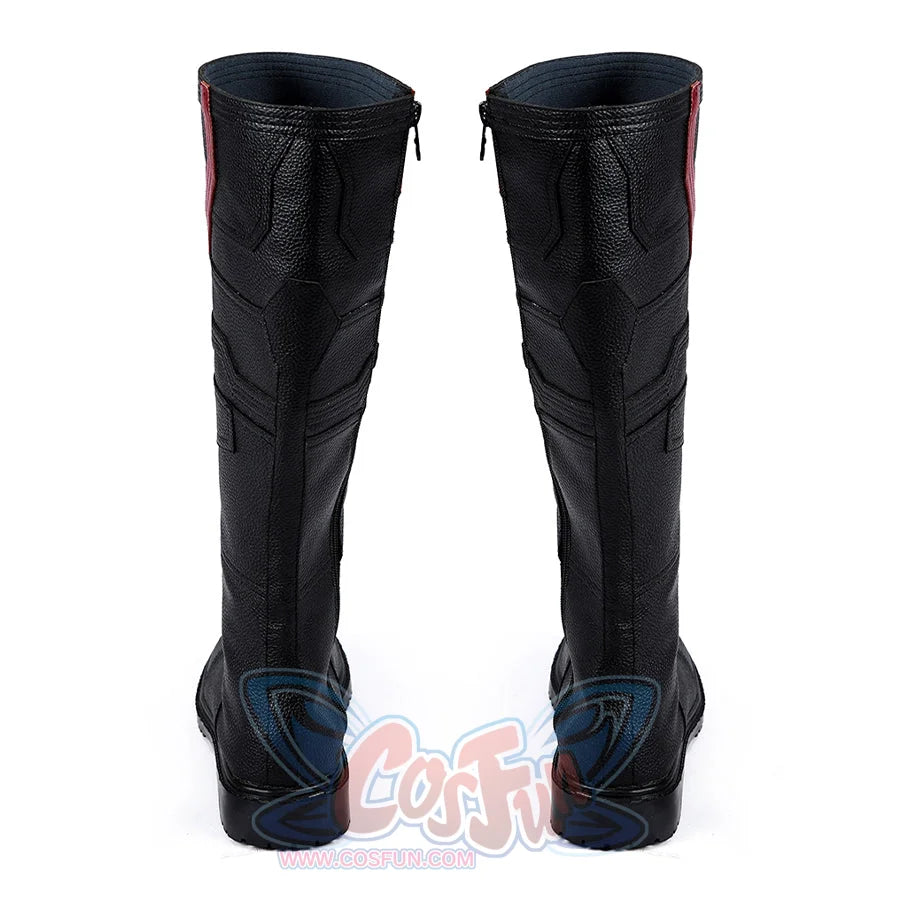 Thunderbolts John Walker cosplay boots are pairs of black matte PU leather boots viewed from the rear.