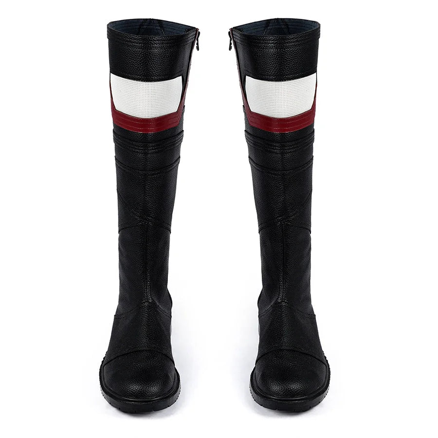 COSFUN Thunderbolts John Walker cosplay boots in black leather with distinctive white and red stripes.