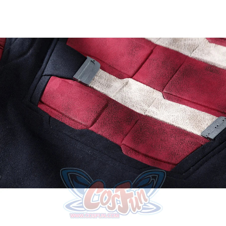 Thunderbolts John Walker cosplay costume centers segmented red and white abdominal padding with tactical buckles.
