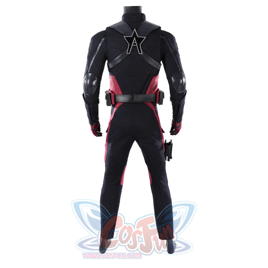 Thunderbolts John Walker cosplay costume in a full back view with a star and 'A' symbol on the harness.