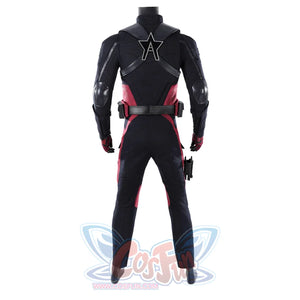 Thunderbolts John Walker cosplay costume in a full back view with a star and 'A' symbol on the harness.