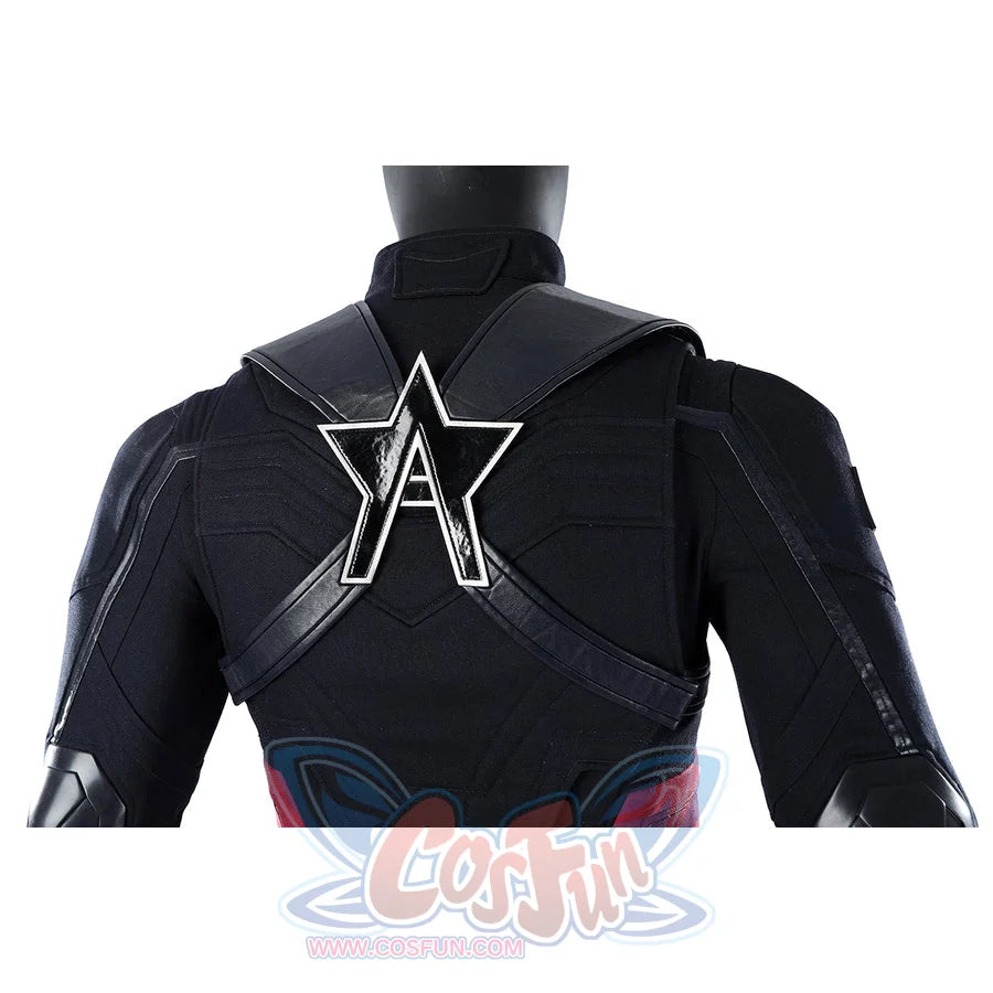 Thunderbolts John Walker cosplay costume back view with a distinct silver star-A logo over a dark navy vest.