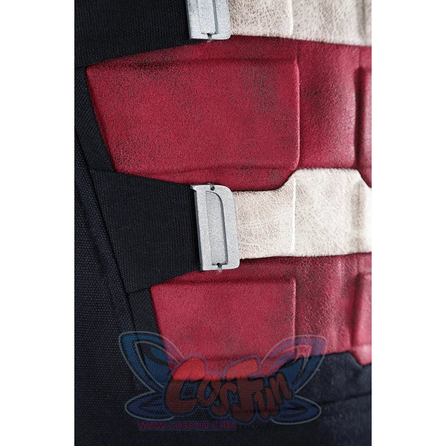 Thunderbolts John Walker cosplay costume details silver D-ring buckles and red padded panels.