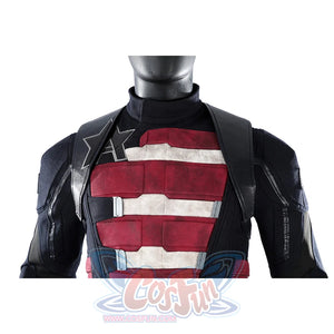 Thunderbolts John Walker cosplay costume centers red and white chest armor panels with an 'A' star emblem.