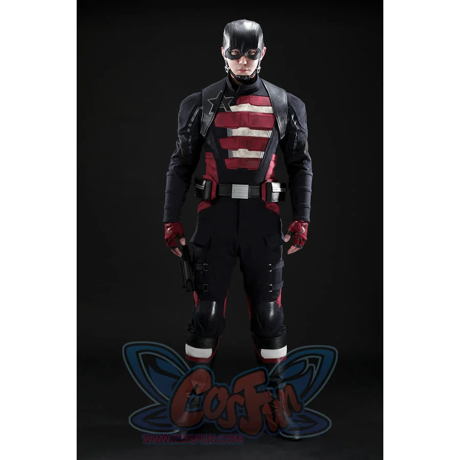 Thunderbolts John Walker cosplay costume layout pairs armored top, striped pants, belt, and helmet.