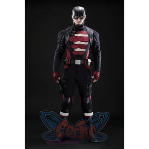 Thunderbolts John Walker cosplay costume layout pairs armored top, striped pants, belt, and helmet.