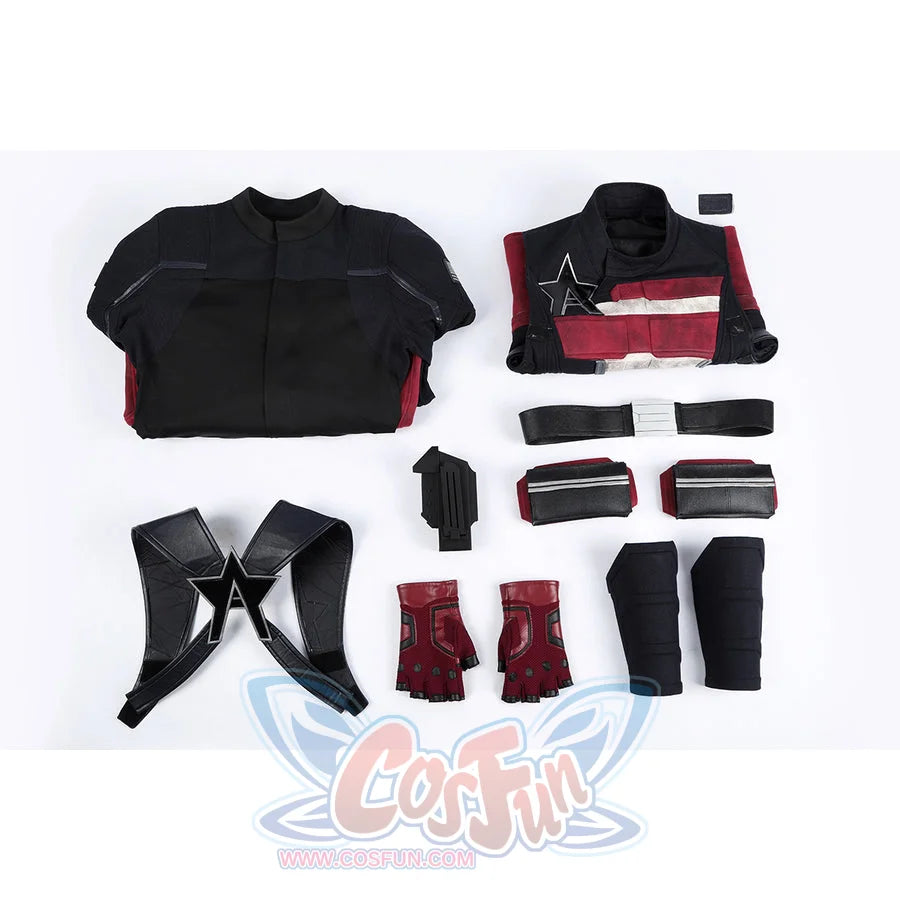 Thunderbolts John Walker cosplay costume layout includes jacket, harness, belt, gloves, and guards.