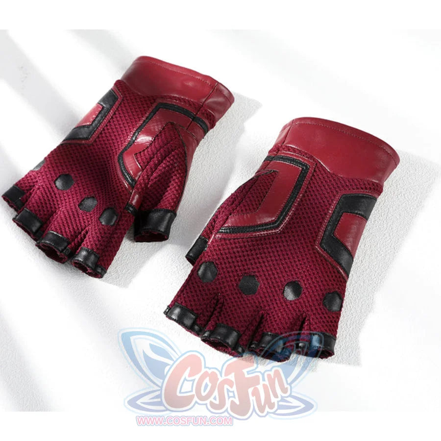 Thunderbolts John Walker cosplay costume pairs red and black mesh fingerless gloves with black accents.