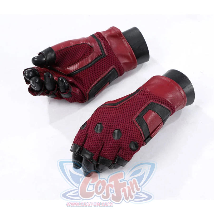Thunderbolts John Walker cosplay costume pair of dark red fingerless mesh gloves with protective knuckle details.